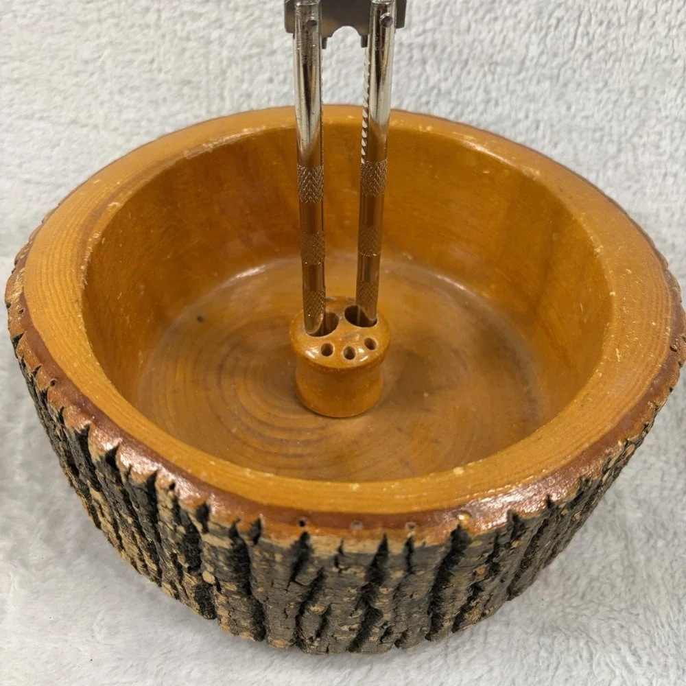 Vintage Ellwood Rusticware Wood Tree Bark Nut Bowl Set with Metal Cracker